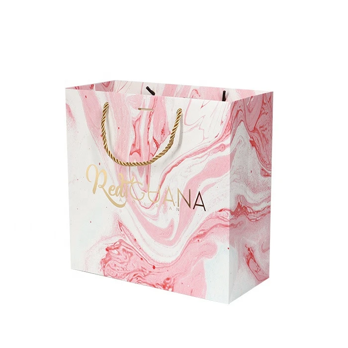 Luxury Custom Pink Marble  Gift Paper Bag With Logo Gold Foil Stamping