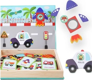 Magnetic Jigsaw Puzzle Toddler Toys, Multifunctional Wooden Drawing Easel Double Sided with Dry Erase Board &amp; Chalkboard