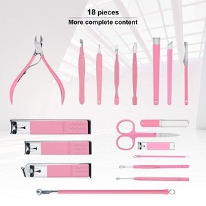 Manicure Set Nail Clippers Kit Pedicure Care Tools- Stainless Steel Men and Women Grooming Kit 18Pcs, Pink Ripple Leather Case