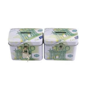 Metal gift tin money hidden treasure box/piggy bank coins saving box with lock and key for kids
