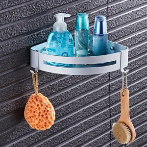 Multi-purpose Space Aluminum Bathroom Corner Shelf with Hooks Bathroom Shampoo Shelf Wall Mounted Bathroom Basket