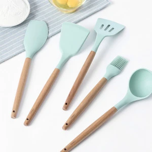 Natural Wooden Handles Cooking Tool Silicone Turner Tongs Spatula Spoon Kitchen Gadgets Utensil Set