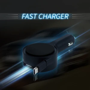 New Arrival Qc3.0 Retractable Cable Dual Car Charger Dual USB Car Fast Charger With Flexible Type-C Cable