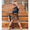 New children&#x27;s female treasure Europe and America black short-sleeved brown leopard print A-line skirt two-piece suit