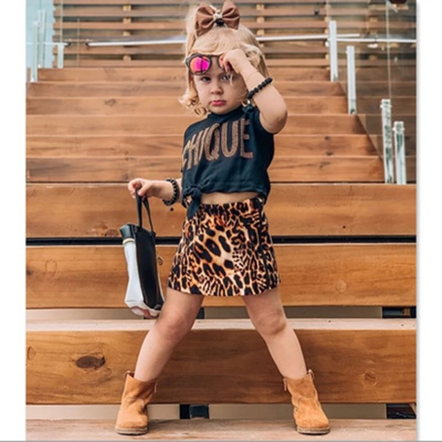 New children&#x27;s female treasure Europe and America black short-sleeved brown leopard print A-line skirt two-piece suit