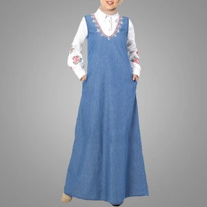 New Design Exquisite Textured Embroidered Denim Muslim Dress Abayas For Women Islamic Clothing in Dubai