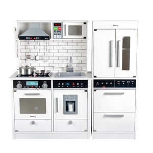 New style hot selling Wooden toy white refrigerator kitchen combination set wooden kitchen set toys baby kitchen toy