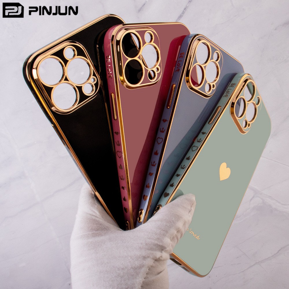 Phone Case Girly Electroplating TPU Middle Print Heart Shape Pattern Cell Phone Cover for iPhone 13 PRO Max 12 11 7/8 Plus