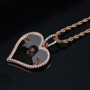 Photo Replaceable Hiph Hop Iced Out Heart Shape Photo Gold Pendant Charms