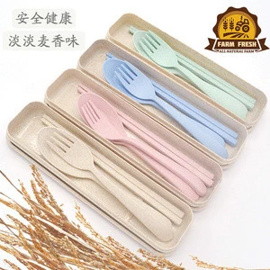 Portable 3pcs Natural wheat Straw cutlery set spoon chopstick fork set Students Travel camping tableware flatware sets