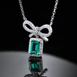 Rectangle 4*6.05ct Emerald White Rhodium Plated 925 sterling silver bow lab created emerald jewelry pendant necklace