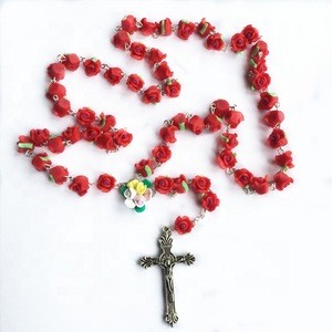 Red polymer clay catholic Rosary ,beautiful Soft Ceramic beads rose rosary, flower bead rosary