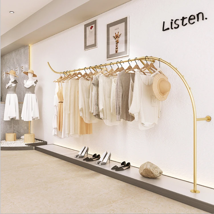 Retail Gold Clothes Shop Display Wall Metal Hanging Rack Interior Design Furniture Fixture