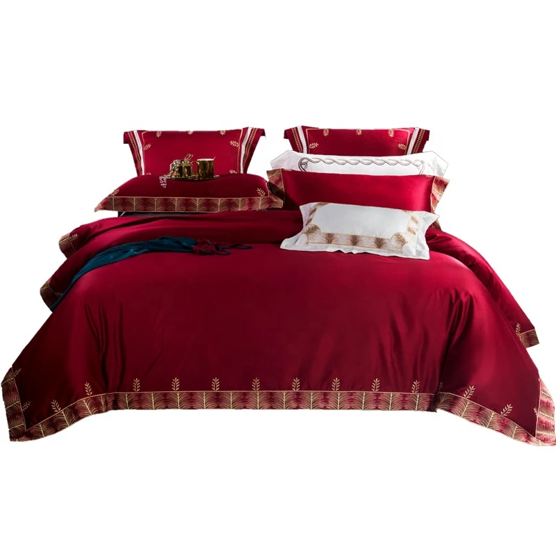 Romantic high-end wedding home textile embroidery bedding set red bed sheet quilt cover