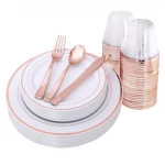 Rose Gold Plastic Disposable Plates ,Lace Design Plastic Birthday Wedding Supplies  Tableware sets