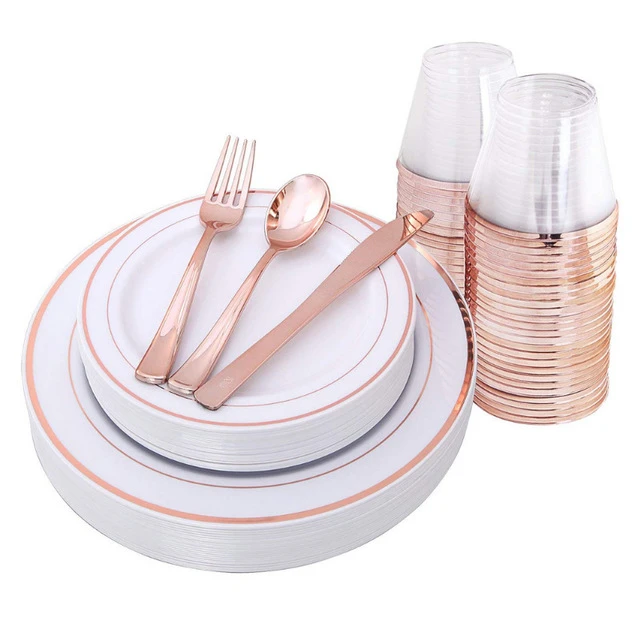 Rose Gold Plastic Disposable Plates ,Lace Design Plastic Birthday Wedding Supplies  Tableware sets
