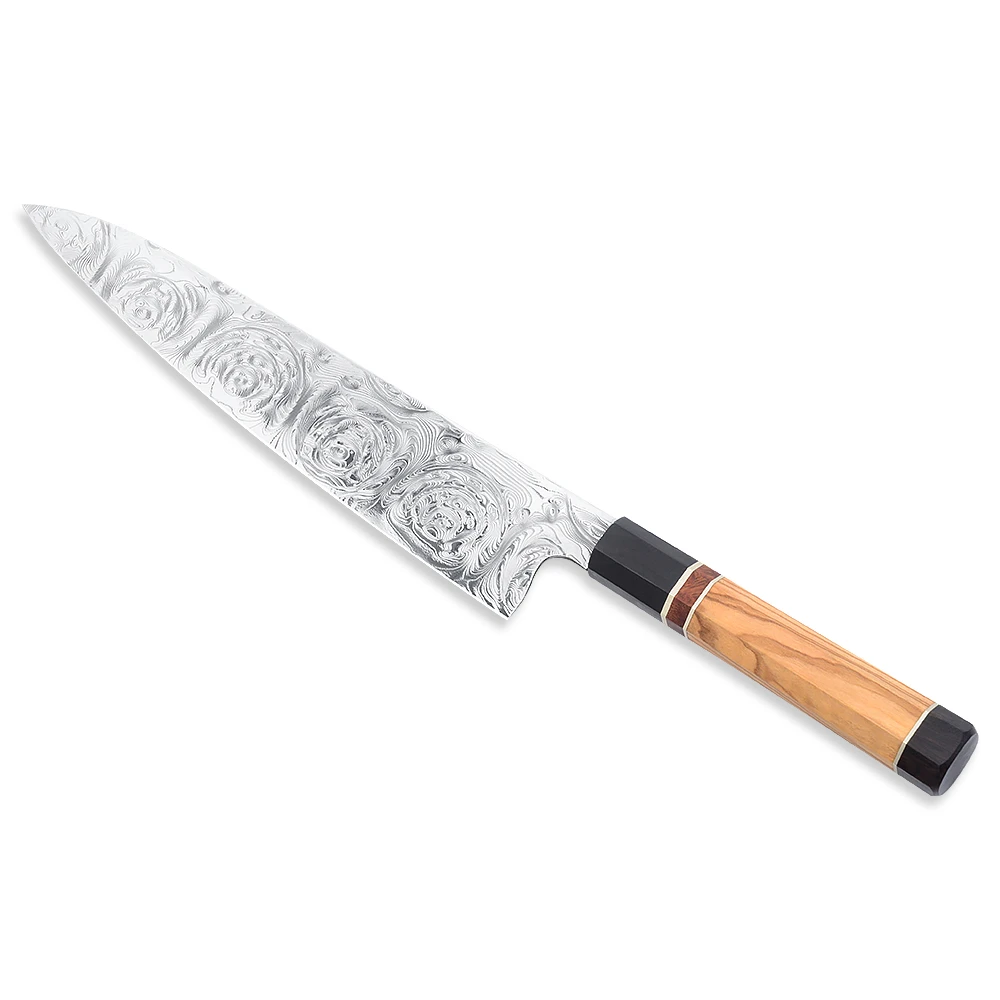 RS235GT1 Messerkche Unique Rose Pattern 235mm Damascus Steel Blade Ebony Wood Handle Super Light Chef Gyuto Knife
