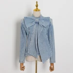 runway 2020 New Long Sleeve Slim Autumn big Bow Tie blue Denim Women Blouses Shirts For Women