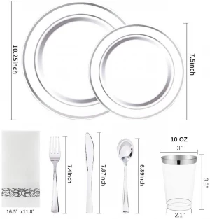 Silver Plastic Plates with Disposable Hand Napkins Silver Rim Plastic Tableware include 25 Dinner Plates for Wedding party
