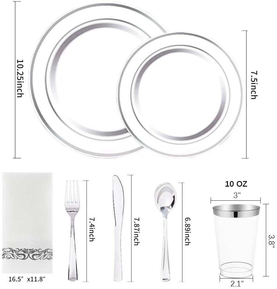 Silver Plastic Plates with Disposable Hand Napkins Silver Rim Plastic Tableware include 25 Dinner Plates for Wedding party