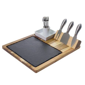 Slate Cheese Board Set Includes 4 Stainless Steel Cheese Knives  Bigger Acacia Serving Tray with Slate Board