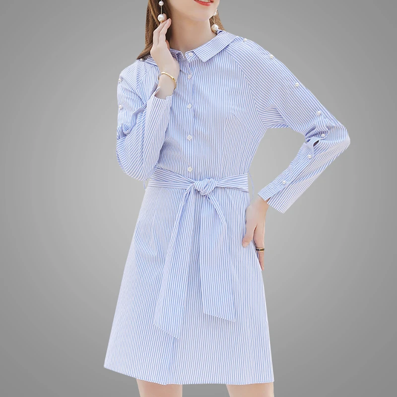Spring Summer Hot Sell Striped Professional Long-sleeved Dresses Women Ladies Girls Oem Customized Beaded