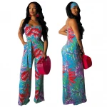 Summer woman clothing printed V-neck sleeveless suspender wide leg pants one piece romper jumpsuit