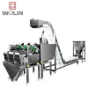 Three heads  weighing machine with inclined food-grade conveyor packing salad fresh vegetable fruits