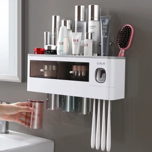 Toothbrush Holder with 2 Cup Set  Wall-Mounted Toothbrush Storage Device Straw Toothbrush Cup  no Drilling Stud