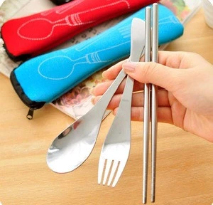 Travel Picnic Portable Cutlery Stainless Steel Tableware 3pcs/set Chopsticks Spoon Fork