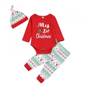 Wholesale Chrismas Newborn Baby Romper  with Leggings and Hat long sleeve baby boy&#x27;s and girl&#x27;s clothes set