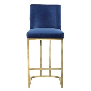 Wholesale Furniture Gold Finish Blue Velvet Fabric Cushion Bar Stool Modern
