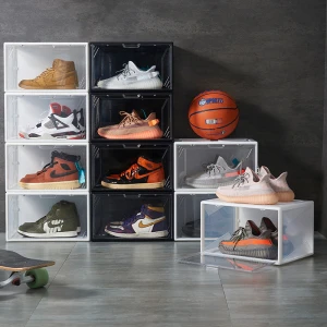 Wholesale Transparent Shoe Organizer Storage Box Side or Front open both available for AJ and High shoes with Magnetic Function