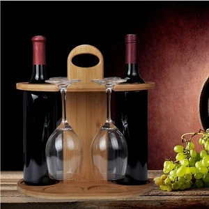 Wine Bottle Holder Glass Cup Rack With Handle - Wine Organizer Bamboo Stand Countertop Tabletop Display
