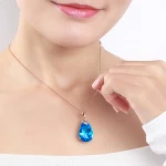 Women Rose Gold Big Stone Pendant Blue Crystal Water Drop Shaped Necklace  Pendant