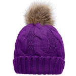 Womens Winter Ribbed Knit Faux Fur Pompoms Knitted Beanie Cap Chunky Lined Beanie Hats