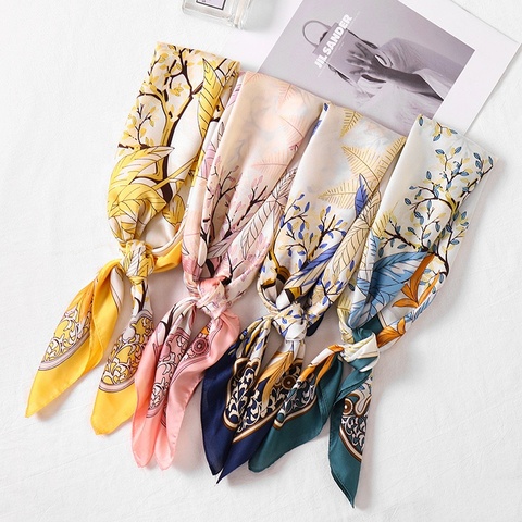 Zhizi fashion square satin silk scarves leaves printing designer foulard en soie women 70*70 custom  custom logo silk head scarf
