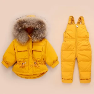 2Pcs Children Clothes Sets Baby Girls Boys Winter Fur Hooded Jacket+Romper Overalls Suit for Baby Thicken Ski Snow Warm Clothing