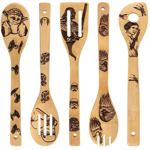 Burned bamboo wooden cooking spoon set engraved utensils