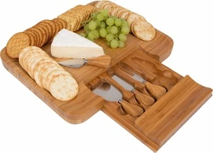 100% Natural Bamboo Cheese Cutting Board &amp; Cutlery Set with Slide-Out Drawer