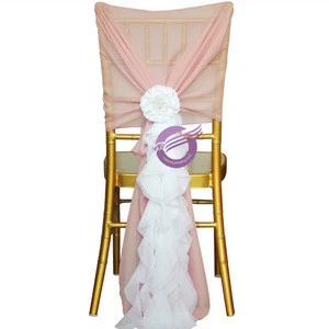 19869 cheap wedding blush pink bridal chiffon ruffled chair hood/curly willow chair sash
