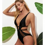 2020  mesh v neck black one piece swimsuit open back swimwear women bathing suit female beachwear oem service