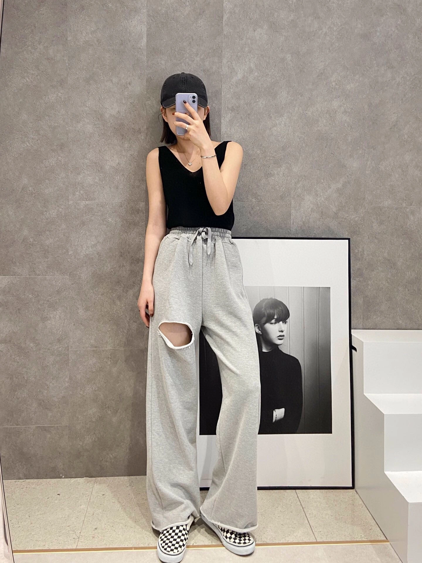 2021 spring and summer new solid color loose high waist ripped wide leg cut out organic cotton womens trousers & pants