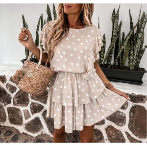 2021 spring new fashion polka dot print short-sleeved waist slimming ruffled women summer silk chic dresses