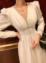 2023 autumn womens evening dress French retro Hepburn white dress long sleeve slim elegant party dress