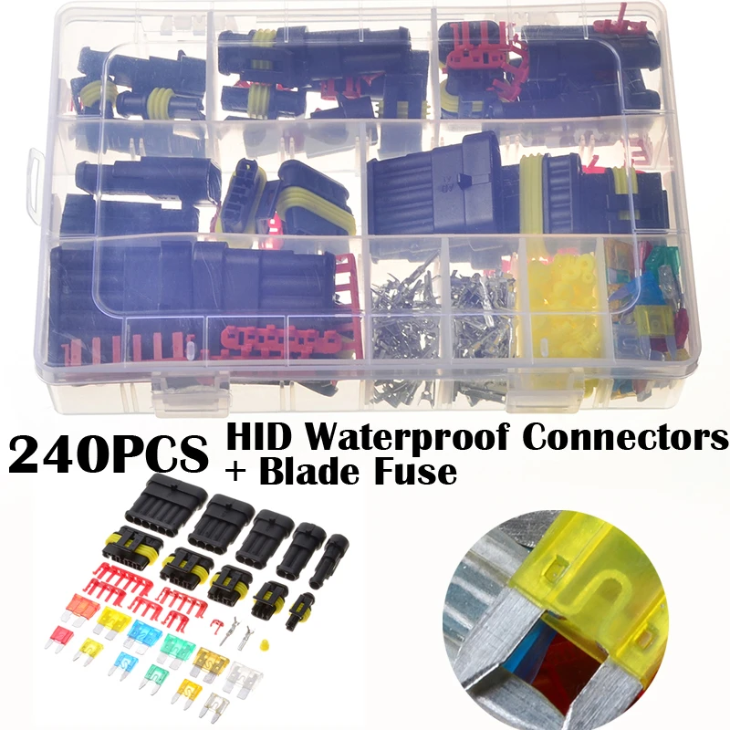 240PCS 1/2/3/4/5/6 Pins Waterproof Electrical Wire Connector Plug Terminals HID waterproof connectors with blade fuses kits