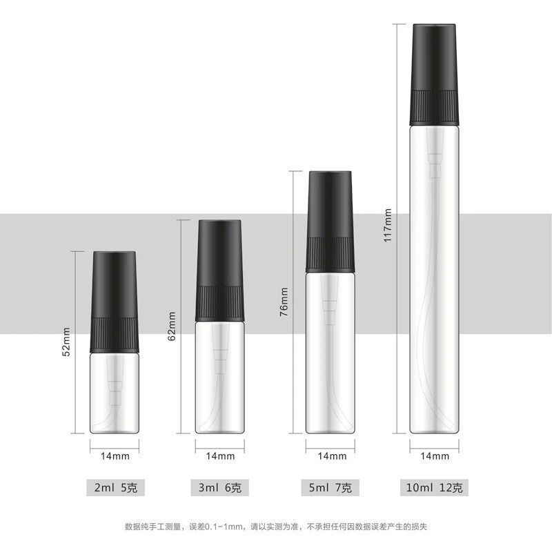 2ml 3ml 5ml 10ml slim glass perfume bottle with black plastic pump sprayer used for perfume sample glass vials
