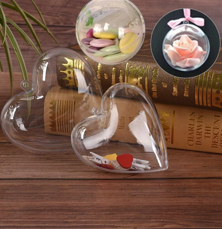 80mm Clear Acrylic Heart Shape Boxes, Plastic DIY Craft Hanging Ball Ornaments with Ribbon for Valentine&#x27;s Day, Wedding Party
