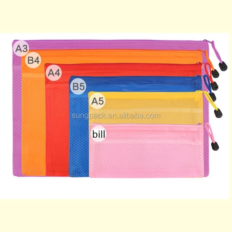 A3 A4 A5 B5 File Zipper Bag Customized Logo Color Plastic Mesh Bags PVC Packaging Bag