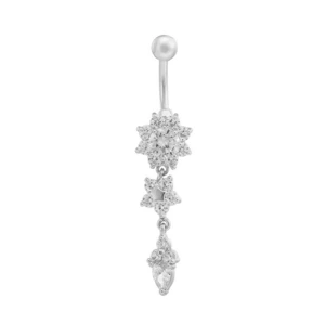 AAA Cubic Zirconia Yellow / White Gold Plated Belly Rings Long Flower Design Pendant Body Jewelry